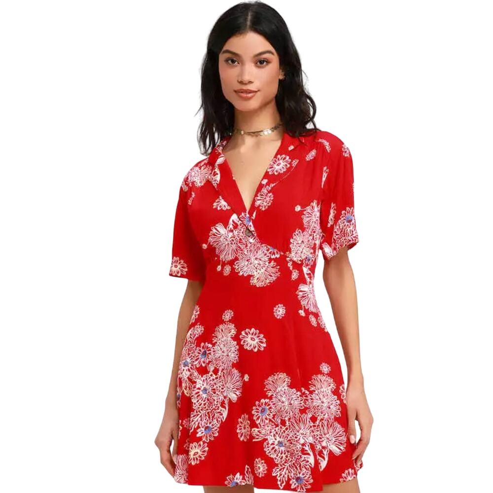 NWOT FREE PEOPLE Dress S Red Floral Short Sleeve Smock Waist Midi Pocket Collar